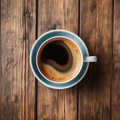 A cup of coffee on a wooden table that clearly shows the texture of the wood. Flat lay view.
