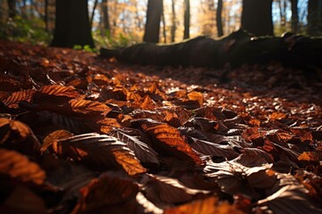 Obraz premium gorgeous close-up of fallen leaves, with the sun shining through them, created with generative ai