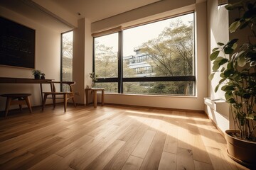 lofi interior with wooden flooring and natural light coming in through the window, created with generative ai