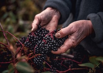 elderberries being harvested by hand, with a focus on the ripe berries