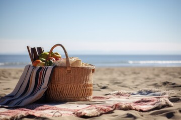 picnic setup with basket and blanket on sunny beach, created with generative ai