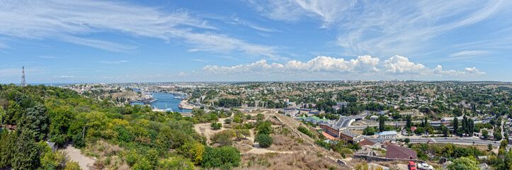 Fototapeta premium Panorama of Sevastopol from big wheel towards the South bay.
