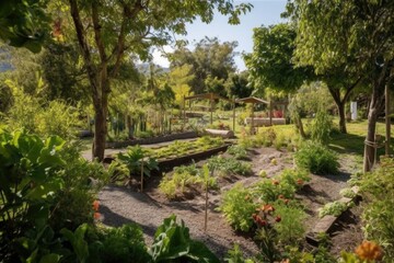 edible landscape with fruit trees and vegetable gardens, surrounded by natural beauty, created with generative ai