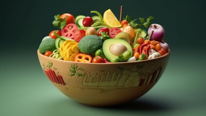 Illustration of a Japanese-style bowl filled with different fresh vegetables and fruits. Generative AI