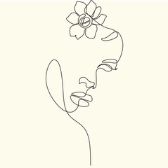 Woman Line Art Minimalist Logo. Nature Organic Cosmetics Makeup. Flower head Feminine Illustration line drawing. Woman face with flowers line