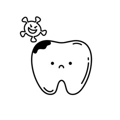 Cute tooth character. Tooth with caries. Vector illustration of a tooth for pediatric dentistry. Teeth cleaning concept. Rotten Bad Tooth. Line Style