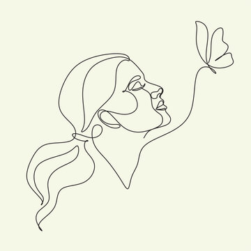 Abstract Face With Flowers And Butterfly By One Line Drawing. Modern Continuous Line Art. Women Line Art. Beauty Salon Logo. Coloring Book. Botanical Print. Nature Symbol Of Cosmetics. Fashion Logo.