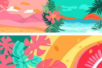 Hello summer. Set of horizontal summer banners with colorful tropical leaves, flowers. Relaxation concept. Templates are ideal for advertising, banners, websites, posters. Vector graphics.