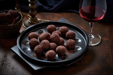 artfully arranged plate of chocolate truffles and glass of red wine, created with generative ai