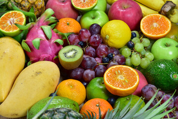 assorted fruits, top view healthy food concept Including high vitamin fruits, fresh fruits, thai fruits