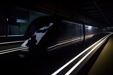 Fototapeta na wymiar futuristic train speeding through the night with mysterious figure hiding in the shadows, created with generative ai