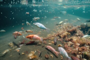 Fototapeta premium chemical waste spill in marine environment, with dead fish and jellyfish floating on the surface, created with generative ai