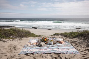 picnic blanket spread on beach, with view of the ocean and waves in the background, created with generative ai