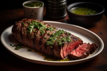flank steak thinly sliced and served with chimichurri sauce and a side salad on a plate - obrazy, fototapety, plakaty