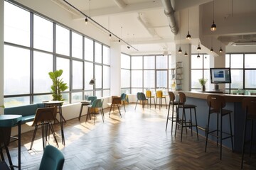 co-working space in modern office with communal seating and natural lighting, created with generative ai