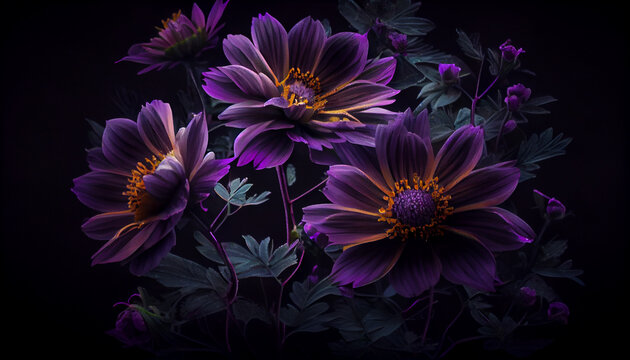 purple flowers on a dark background Ai generated image