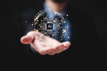 AI icon of transformation technology strategy in hand of businessman, Business adoption in new big data digital process, global business industrial potential information network, datum innovation