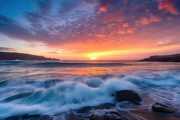 Obraz premium vibrant sunrise over the ocean, with waves rolling in, created with generative ai