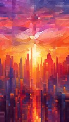 Golden Hour Brilliance: Vibrant Cityscape with Reflective Buildings at Sunset - AI Generative