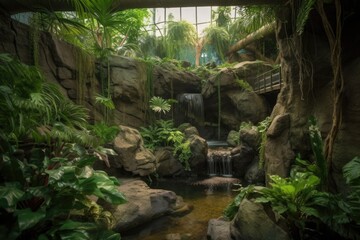 exotic pet habitat with waterfall, lush vegetation and natural colors, created with generative ai