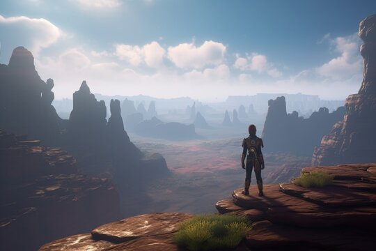 alien traveler standing on the edge of a cliff, looking out over an expansive landscape, created with generative ai