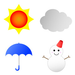 A set illustration of weather symbols representing sunny, cloudy, rainy and snowy.