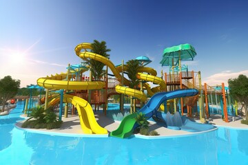 water park with creative and unique slides, such as floating tube slide or water coaster, created with generative ai