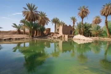 Fototapeta na wymiar oasis surrounded by ruins of ancient civilization, with palm trees and clear water, created with generative ai