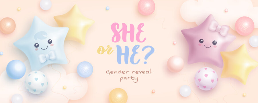 He or she? Cartoon gender reveal invitation template. Horizontal banner with realistic helium balloons. Vector illustration