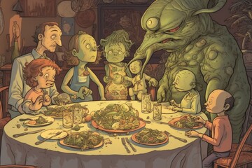 family of aliens, gathered around dining table, enjoying a hearty meal, created with generative ai