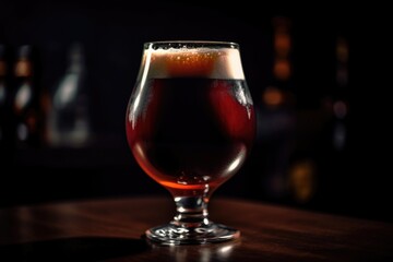 close-up of individual glass of draught beer with foamy head and rich color, created with generative ai