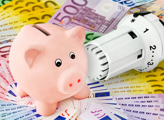 Kosten für Energie mit Heizthermostat, Sparschwein und Euro Geldscheine - obrazy, fototapety, plakaty