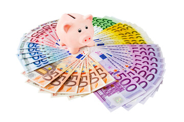 Konzept Geld, Finanzen, Sparen, Zinsen mit Sparschwein und Euro Geldscheine auf weissem Hintergrund - obrazy, fototapety, plakaty