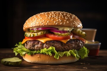 classic burger, freshly made from juicy beef and topped with lettuce, tomato, and pickles, created with generative ai