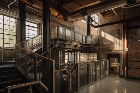 adaptive reuse project with industrial theme, featuring exposed brick and pipes, created with generative ai