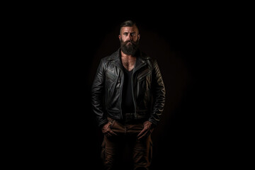 portrait of handsome leather man with beard, ai generated - obrazy, fototapety, plakaty