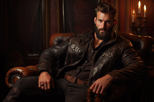 portrait of handsome leather man with beard, ai generated