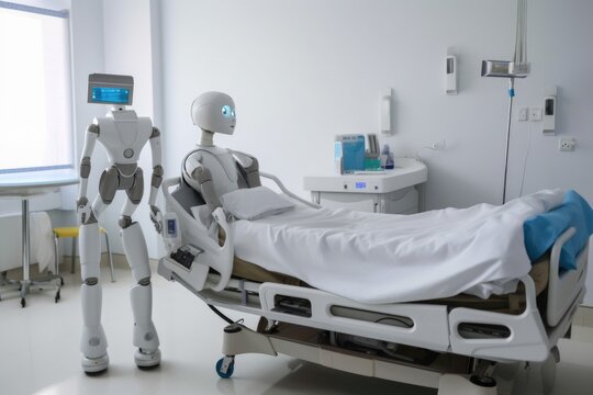 robot, delivering medication to patient in hospital room, created with generative ai