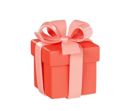 Gift box 3d render illustration - closed red present pack decorated with pink ribbon and bow.