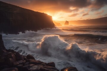 Obraz premium dramatic sunset over towering cliffs, with waves crashing against the rocks, created with generative ai