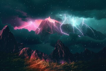 Nature background with lightning and thunderstorm. Dark night landscape view during a thunderstorm. Flashing lightning. Neon light. Fantasy abstract landscape. Neon tunderstorm. Generative ai.