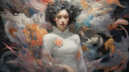 Fototapeta na wymiar colorful illustration of asian woman, ai generated