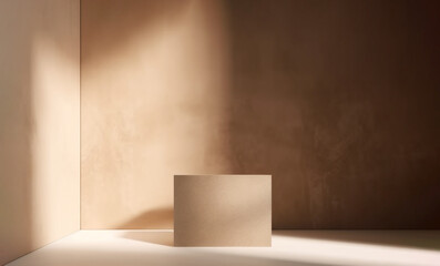 Fototapeta na wymiar Cube empty podium on beige background with shadow, generated ai