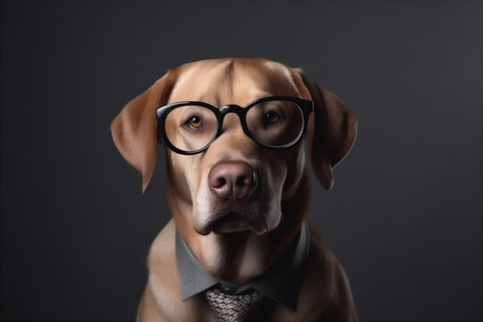 Serious leader dog in glasses on gray background with copy space, generated ai