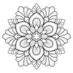 Stylized mandala with floral patterns and henna elements on a white isolated background. For coloring book pages.