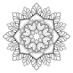 Decorative mandala with floral patterns and henna elements on a white isolated background. For coloring book pages. 