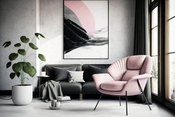 pink armchair in minimalist interior, surrounded by gray and black accents, created with generative ai