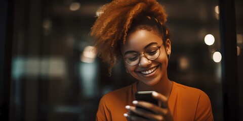 young woman smiling as she looks at her phone - obrazy, fototapety, plakaty