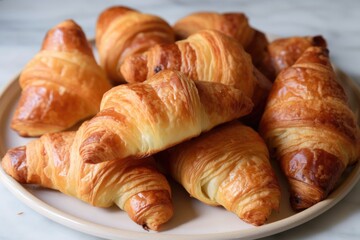 plate of croissants, warm and flaky on the inside and golden brown on the outside, created with generative ai