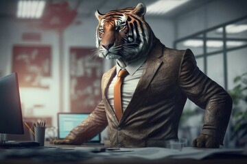 Fototapeta na wymiar tiger businessman in a stylish classic suit in the office, animal boss in human body, Generative AI